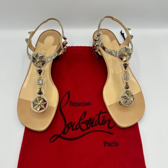 Christian Louboutin Kaleidra Spike T-Strap Red Sole Sandal, Nude Size 38.5 - Picture 6 of 8